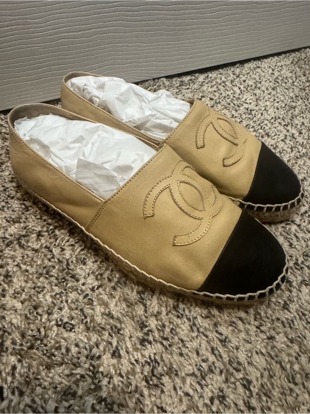 CHANEL Beige and Black Leather Espadrille Flats